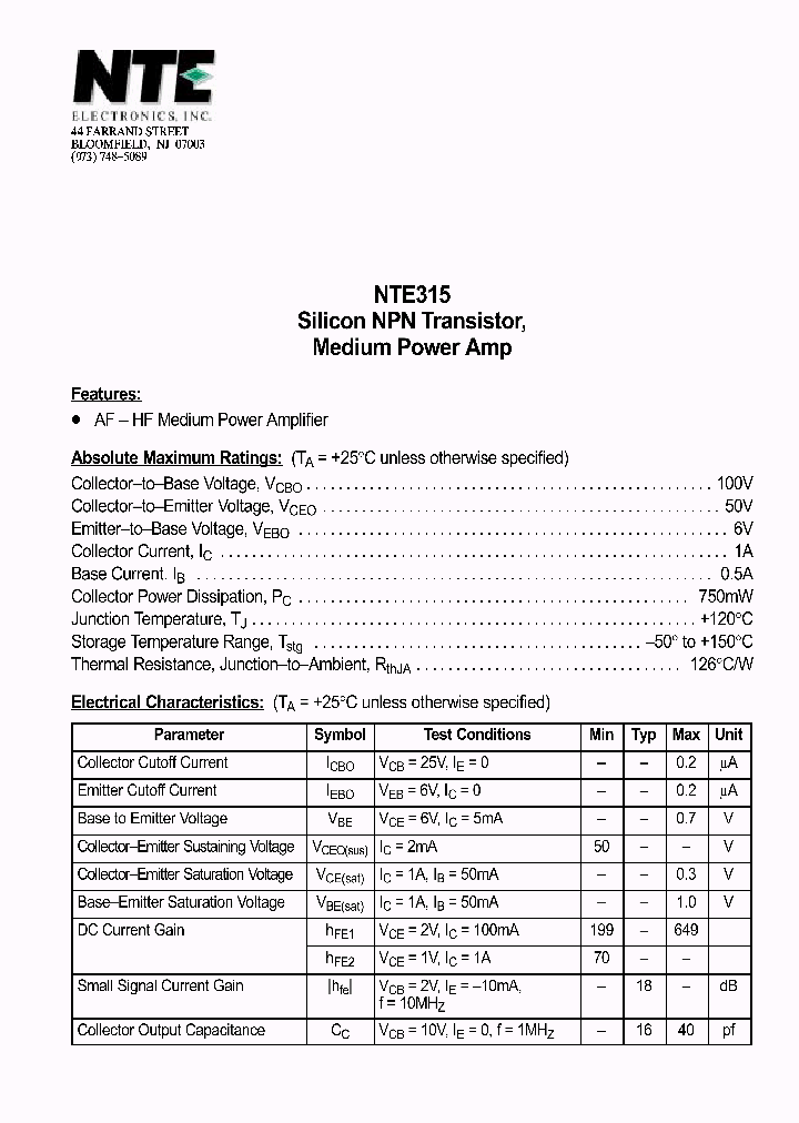 NTE315_69927.PDF Datasheet