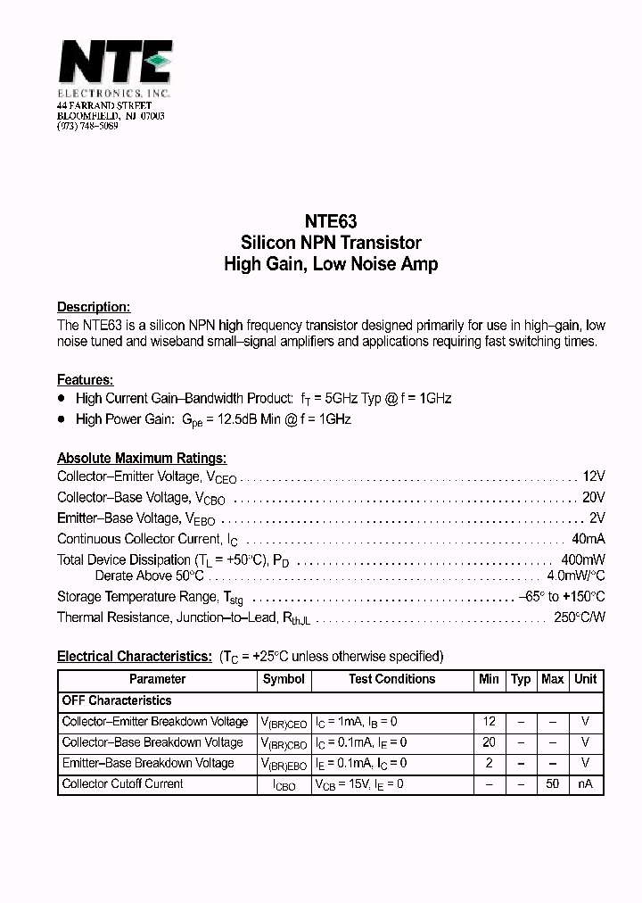 NTE63_70042.PDF Datasheet