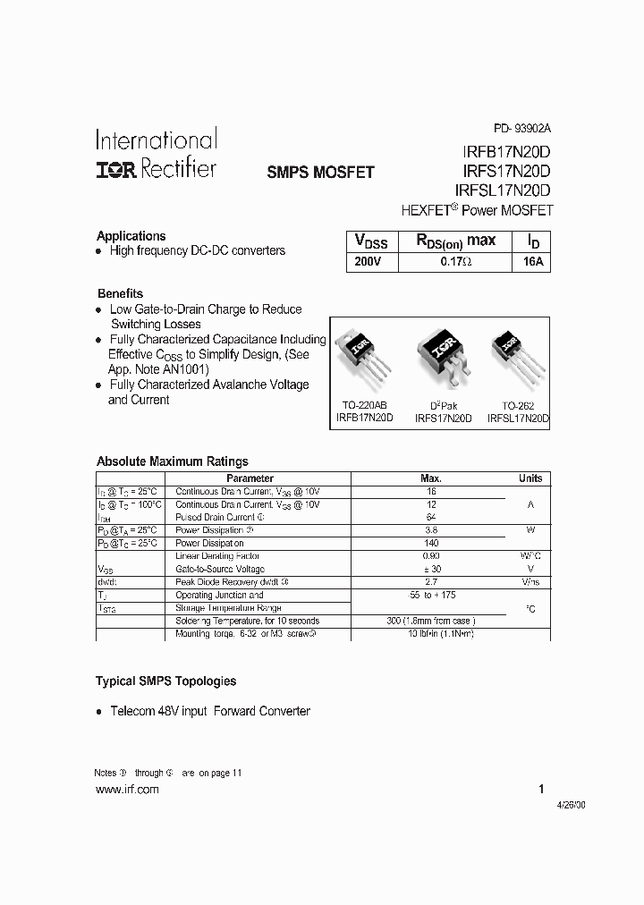 IRFS17N20D_224356.PDF Datasheet