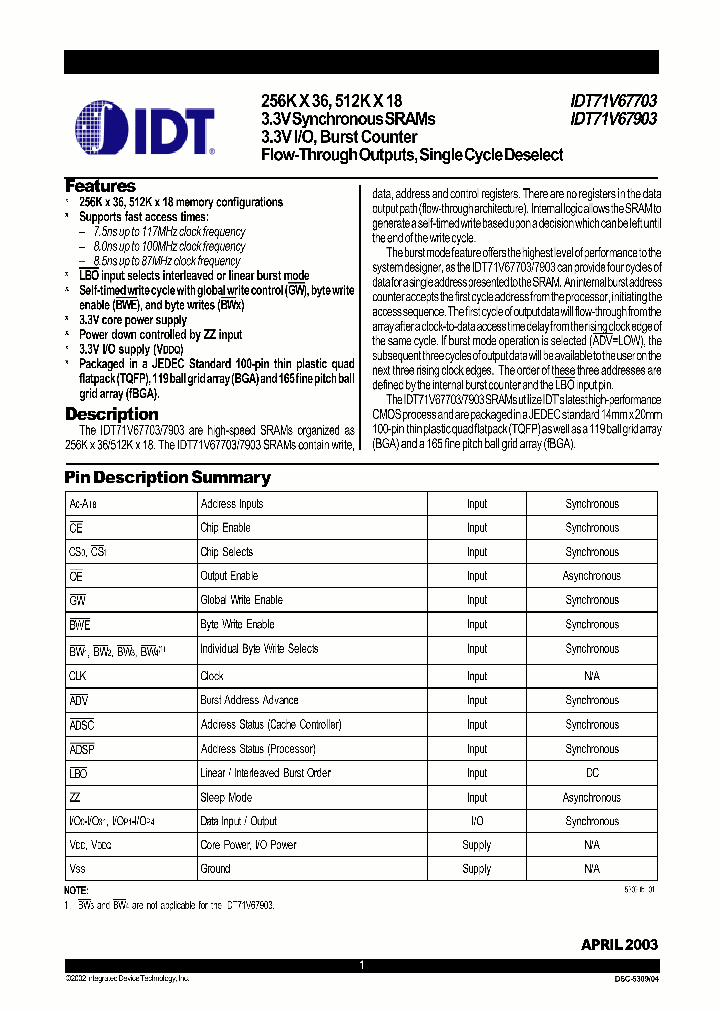 IDT71V67703_312427.PDF Datasheet