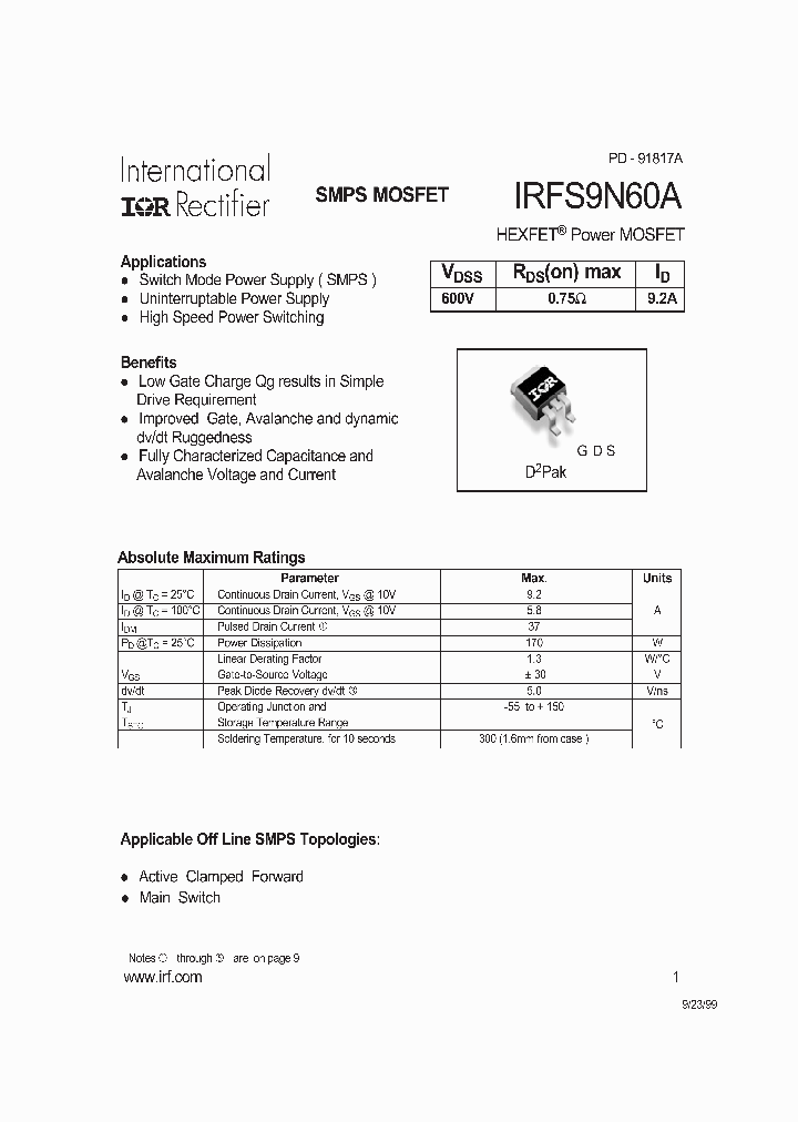 IRFS9N60A_197156.PDF Datasheet