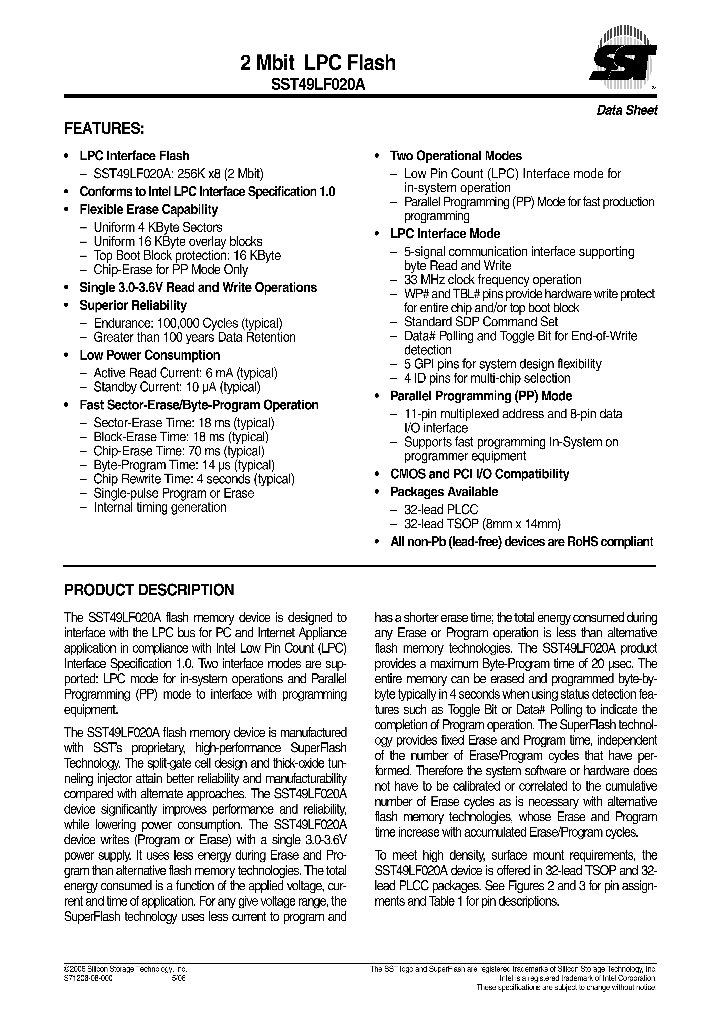 SST49LF020A-33-4C-WHE_736557.PDF Datasheet