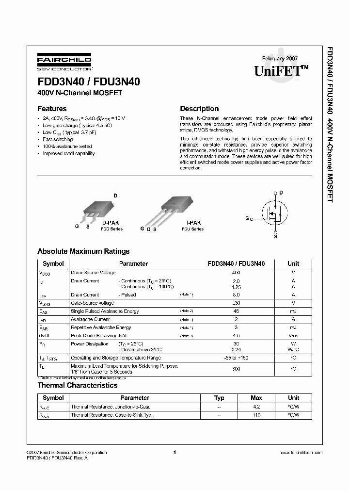 FDU3N40_747077.PDF Datasheet