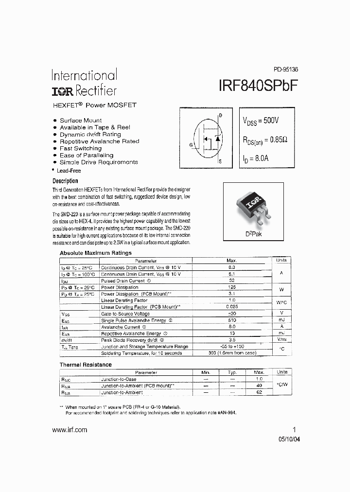 IRF840SPBF_1255711.PDF Datasheet