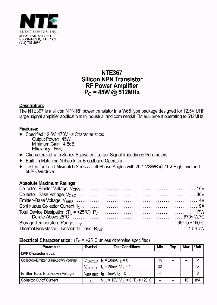 NTE367_1290876.PDF Datasheet