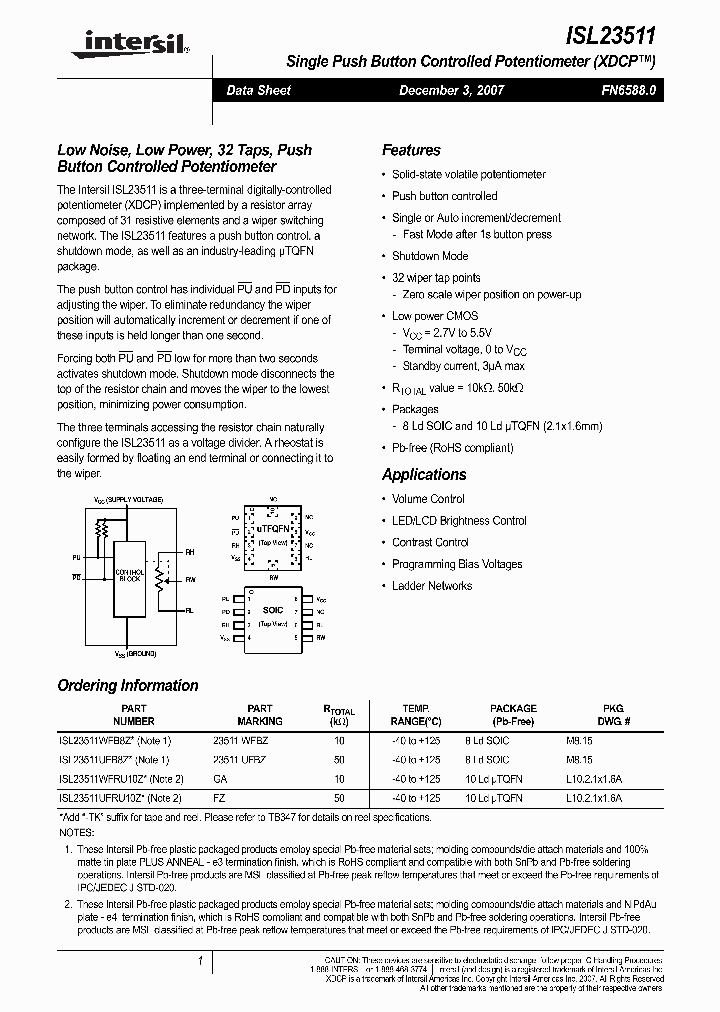 ISL23511WFRU10Z_4132383.PDF Datasheet