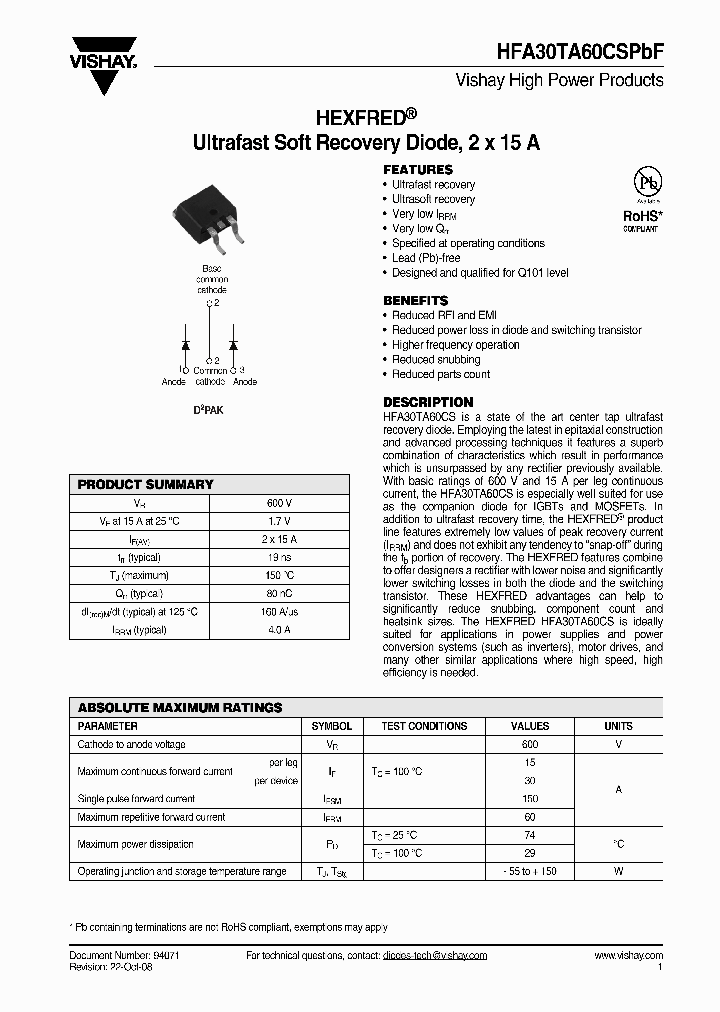 HFA30TA60CSPBF_4334729.PDF Datasheet