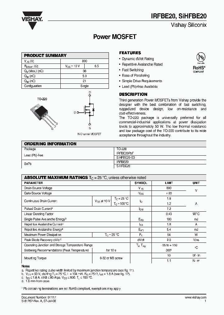 IRFBE20_4290434.PDF Datasheet