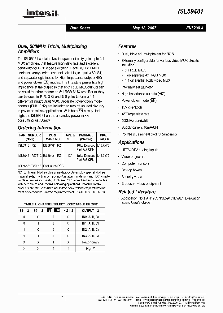 ISL59481EVAL1Z_4486487.PDF Datasheet