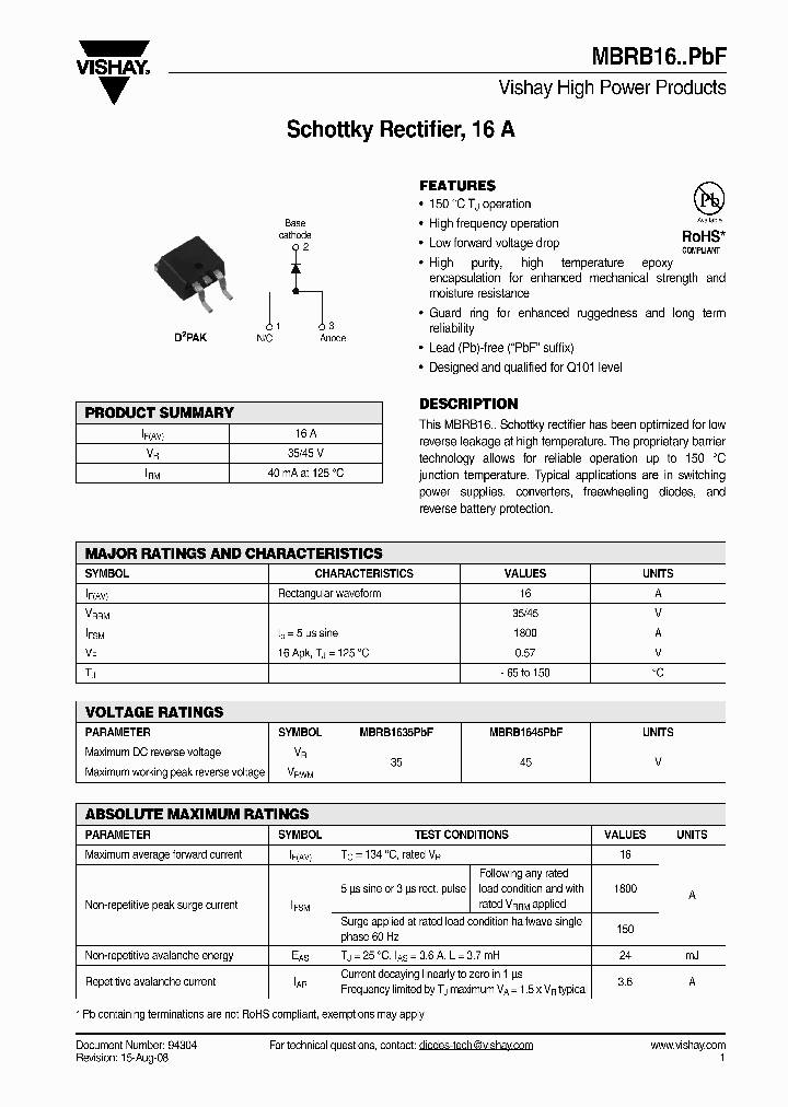 MBRB1645TRLPBF_4342850.PDF Datasheet