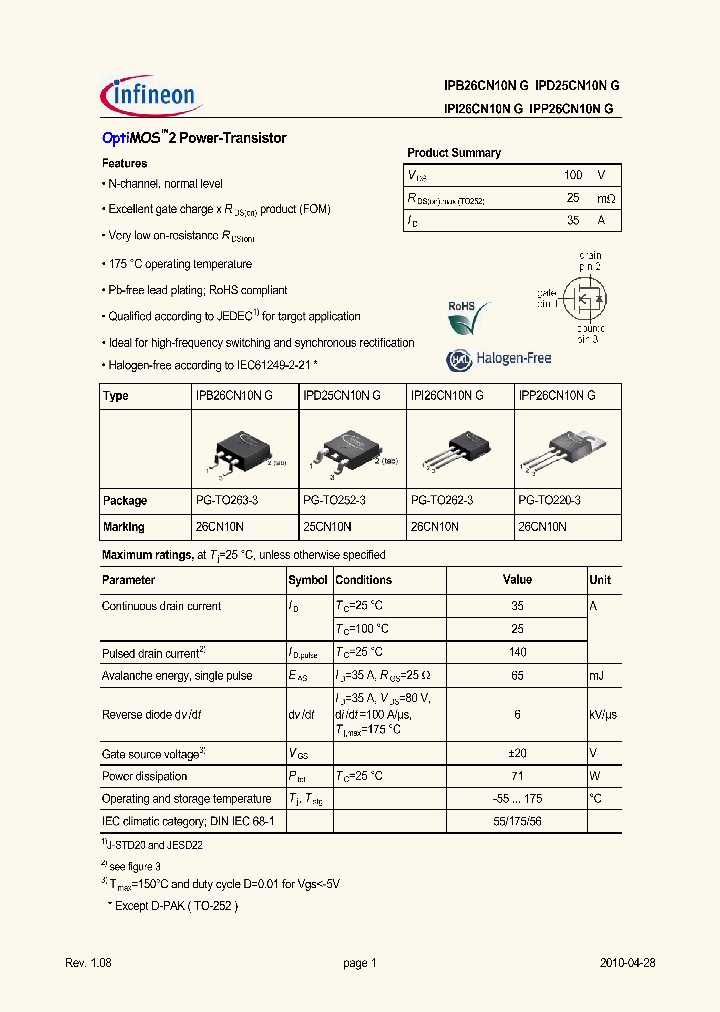 IPB26CN10N10_4997052.PDF Datasheet