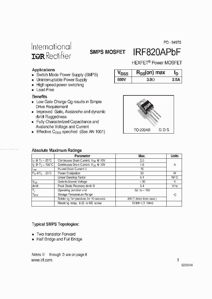 IRF820APBF_42692.PDF Datasheet