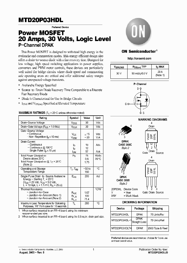 MTD20P03HDL1_1333839.PDF Datasheet