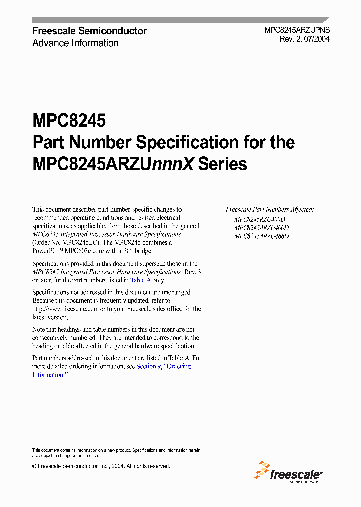 MPC8245ARZU466D_2021304.PDF Datasheet