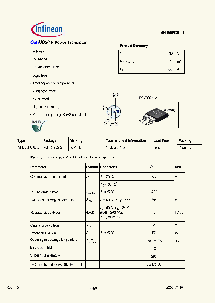 SPD50P03LG_2395266.PDF Datasheet