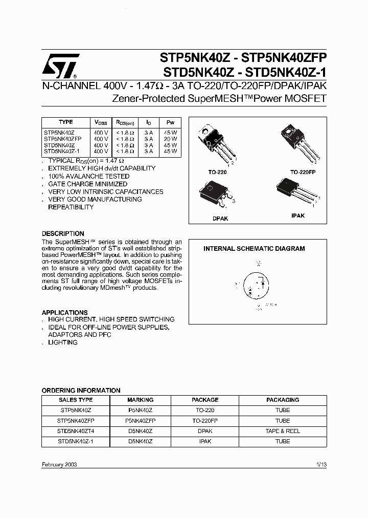 STD5NK40Z_2872099.PDF Datasheet