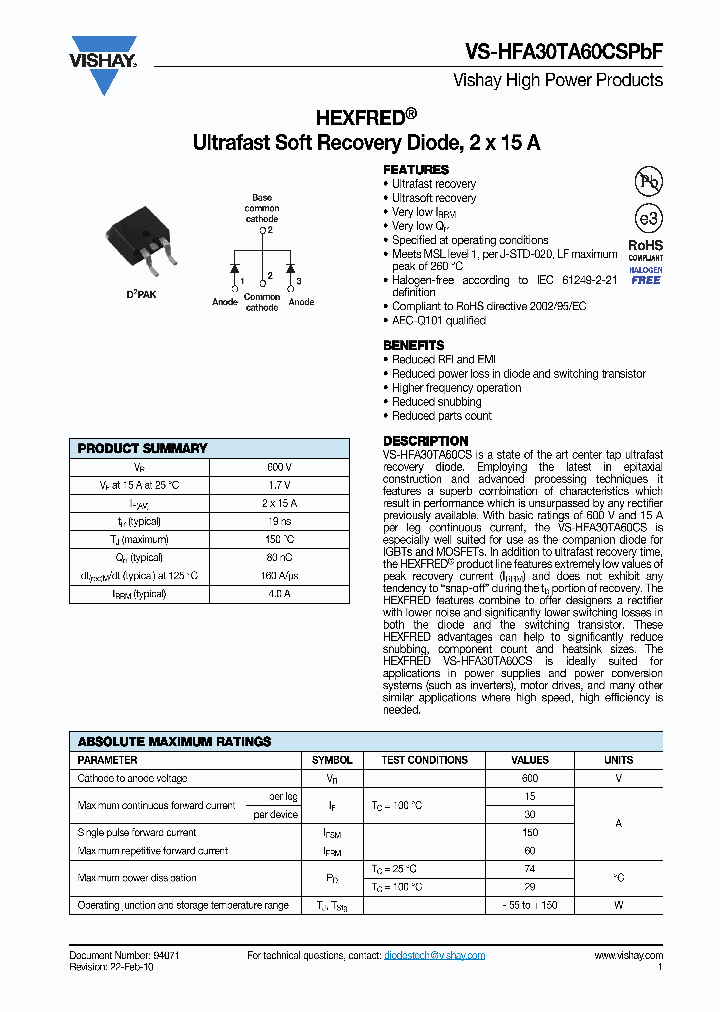 HFA30TA60CSPBF_3899185.PDF Datasheet