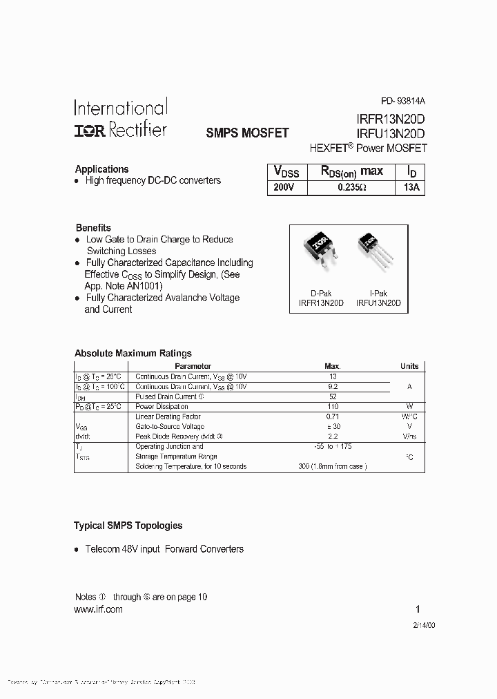 IRFR13N20DTRR_4551296.PDF Datasheet