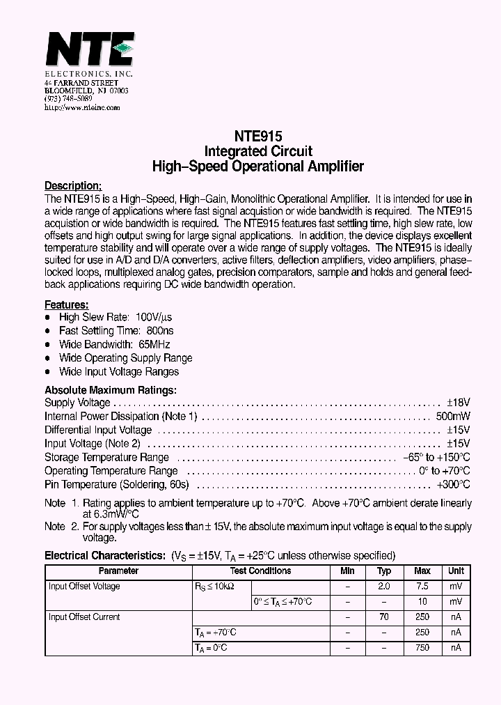 NTE915_5376434.PDF Datasheet