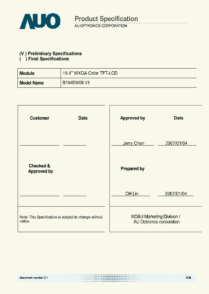 B154EW08-V1_6026442.PDF Datasheet