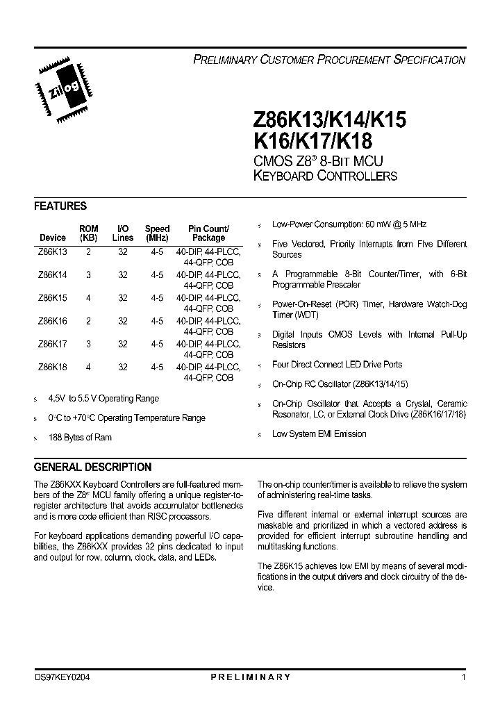 ZILOGINC-Z86K15_7360252.PDF Datasheet