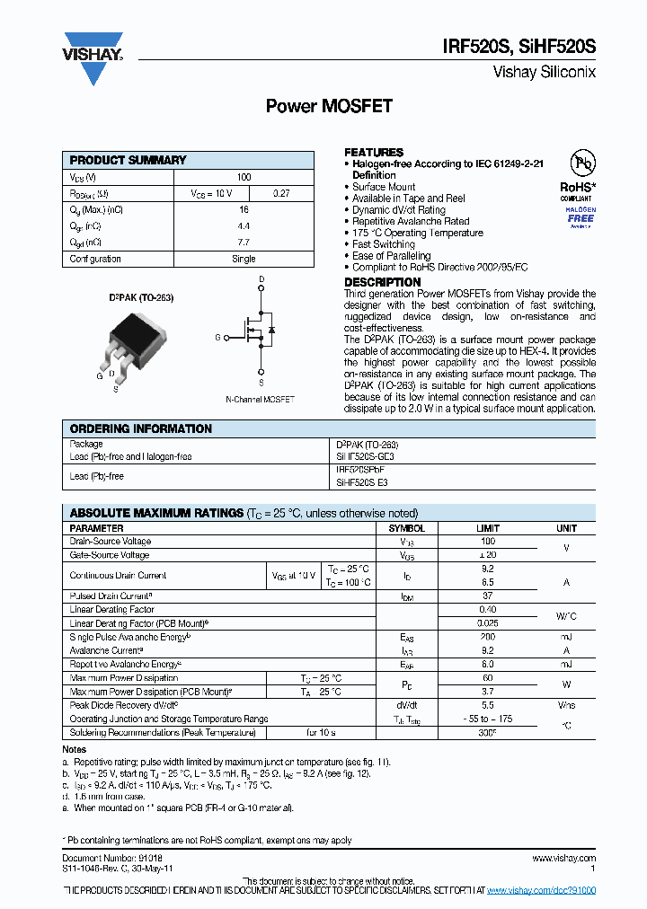 SIHF520S_7616648.PDF Datasheet