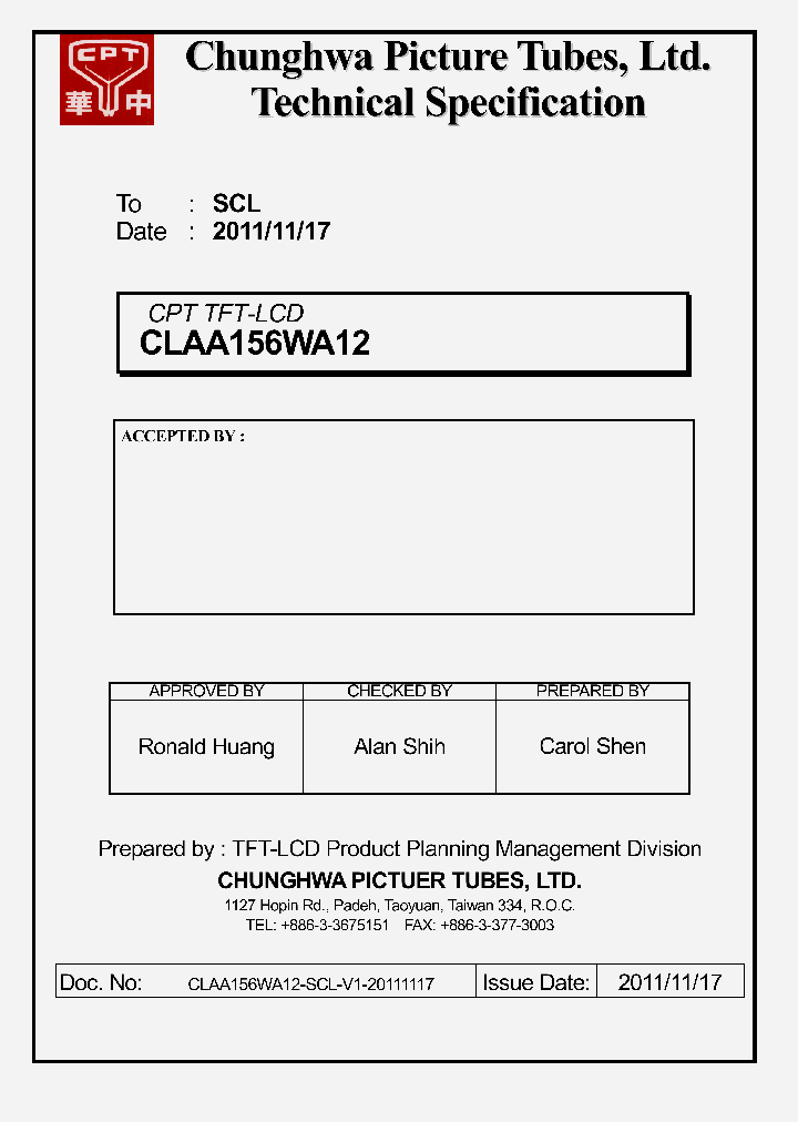 CLAA156WA12_7763112.PDF Datasheet