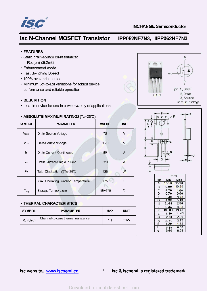 IPP062NE7N3_8923915.PDF Datasheet