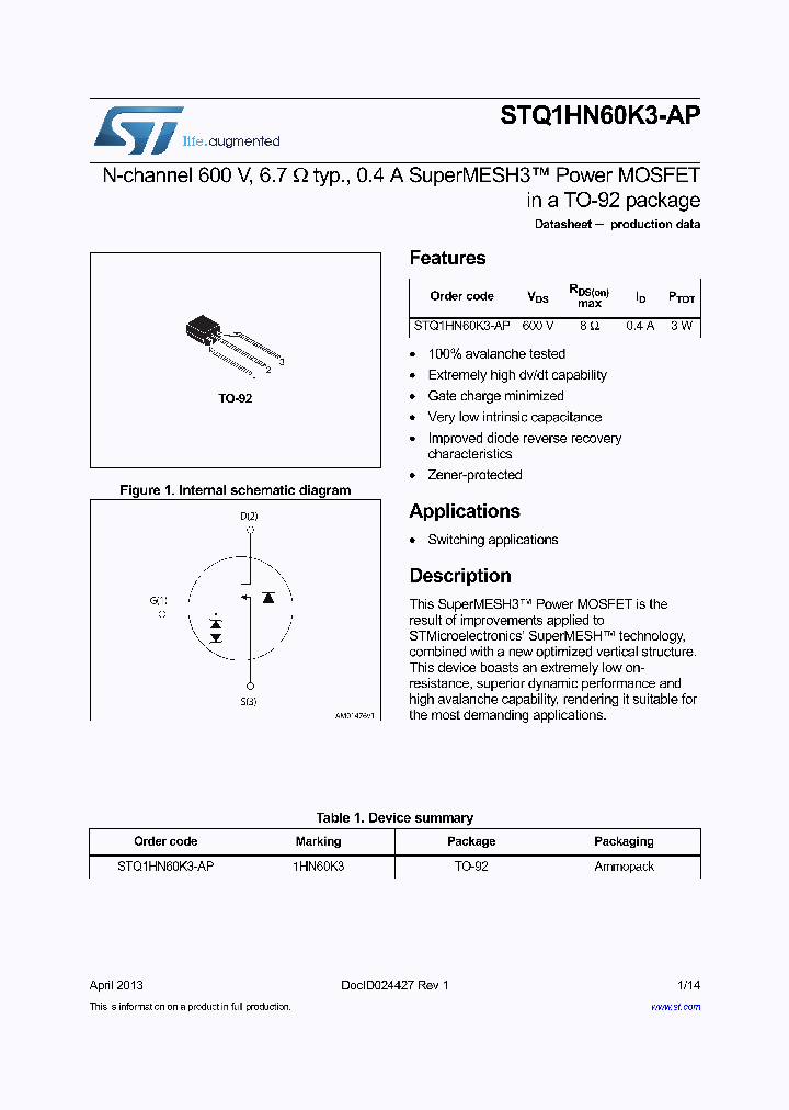 STQ1HN60K3-AP_8975140.PDF Datasheet