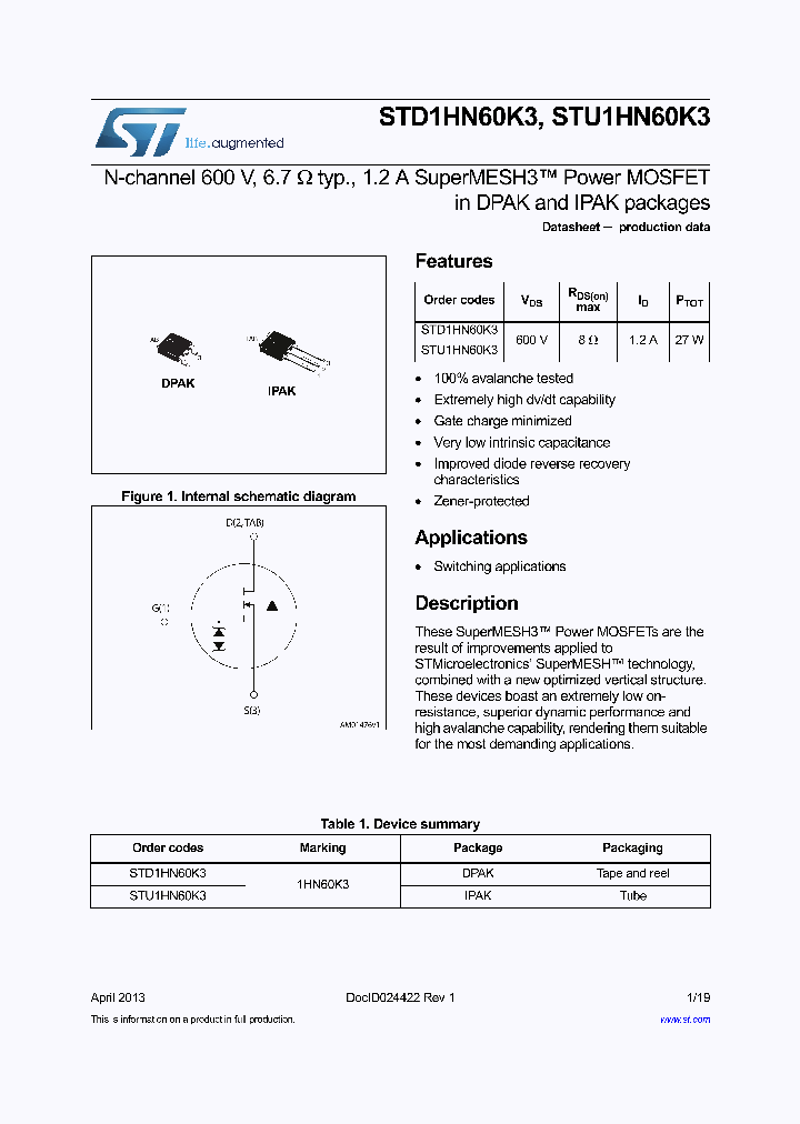 STD1HN60K3_9004301.PDF Datasheet