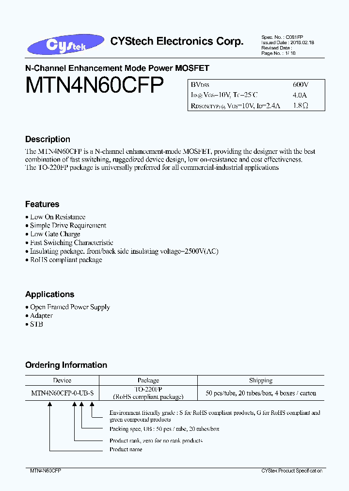 MTN4N60CFP_9058523.PDF Datasheet